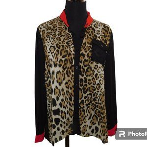 Michel USA Leopard Print Sheer Button Down High Low  Blouse